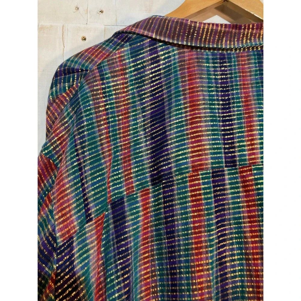 Handmade Button Down Shirt Women‎ Sz L Multi-Color Metallic Lurex Plaid Tunic - Picture 9 of 13